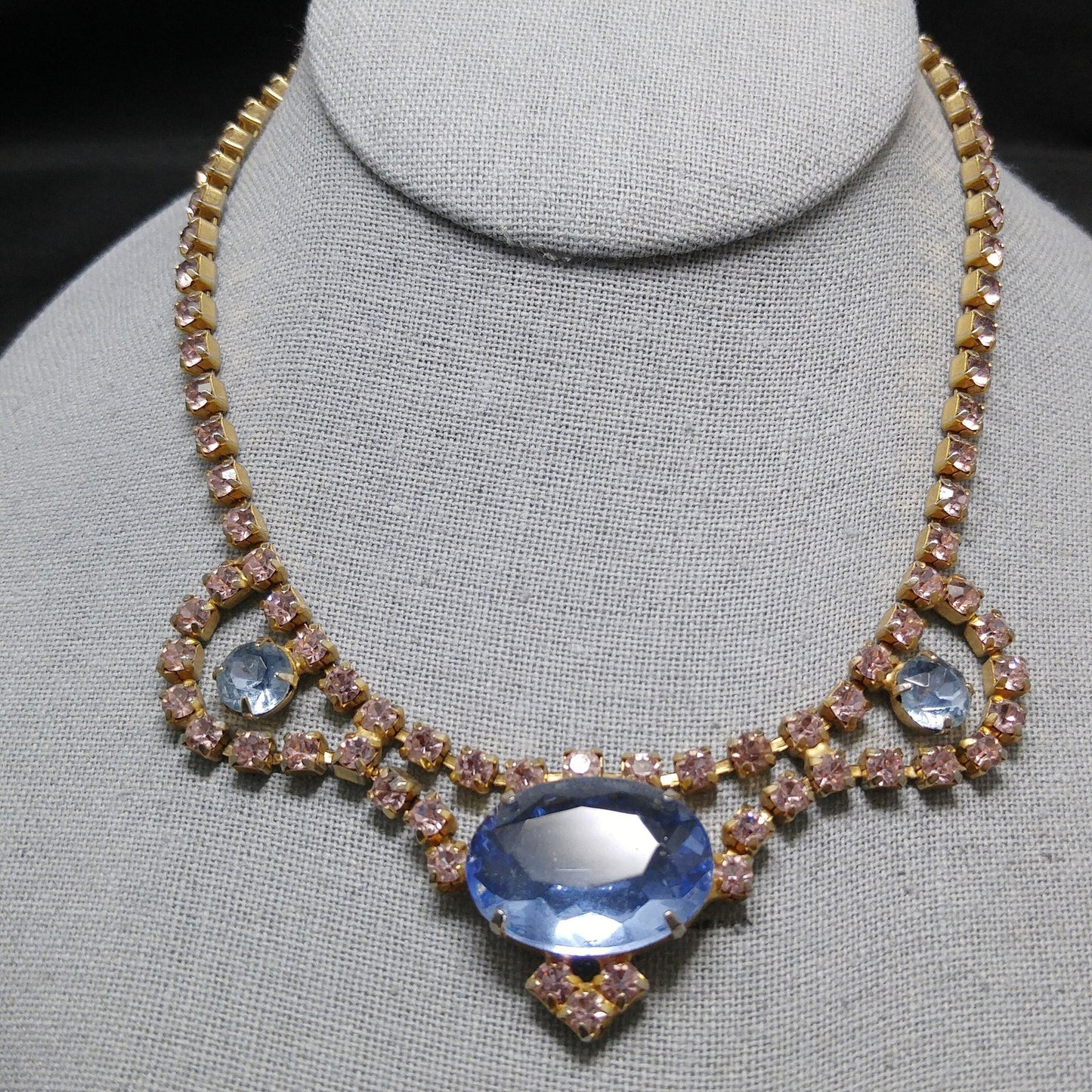 Large Blue & Pink Rhinestone Necklace, Gold Plated, 1950s Vintage Jewelry