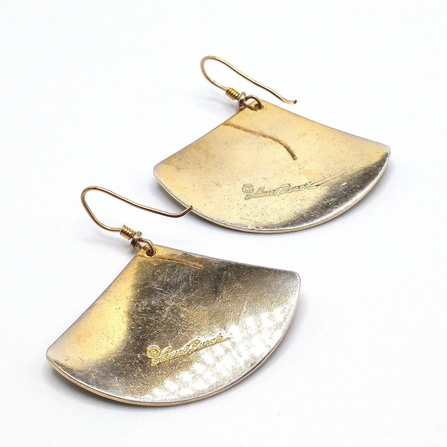 Vintage Laurel Burch Madrid Fan Earrings, Gold Plated, Teal Purple Black Enamel