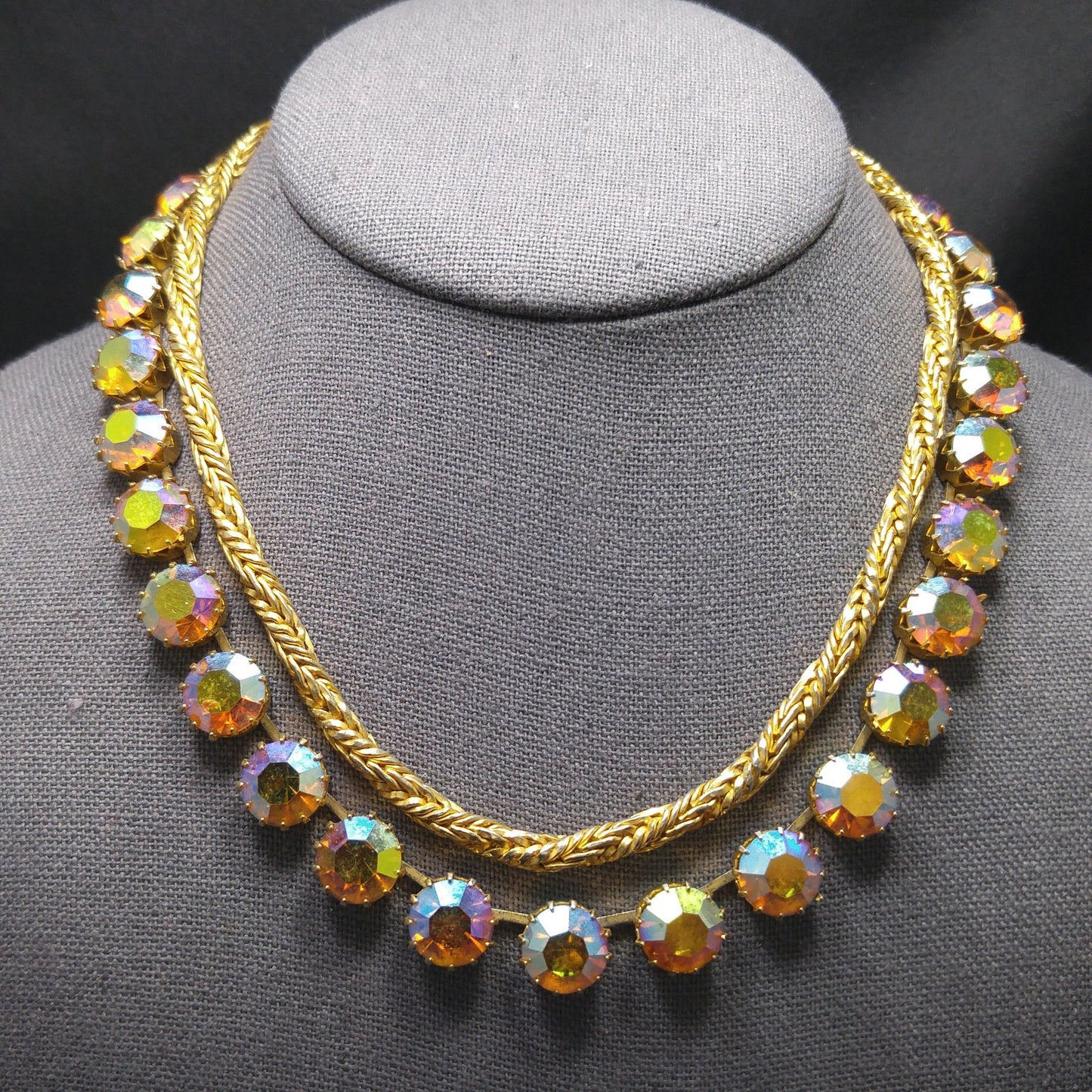 Hattie Carnegie Gold Rhinestone Necklace, Rope Chain Aurora Borealis, 1960s Vintage Jewelry