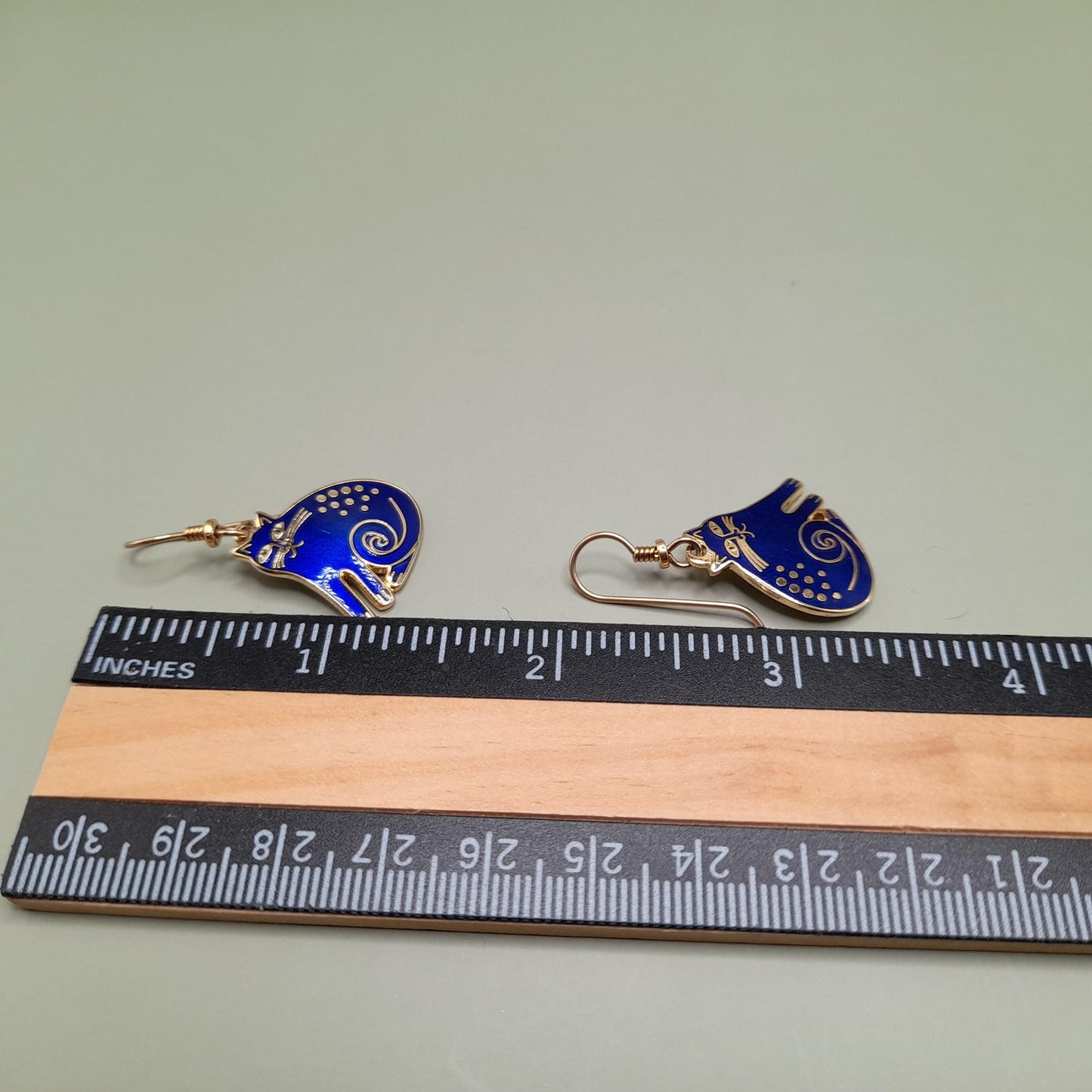 Vintage Laurel Burch "Keshire Cat" Drop Earrings, Blue Enamel, Gold Plate, 1980s Jewelry