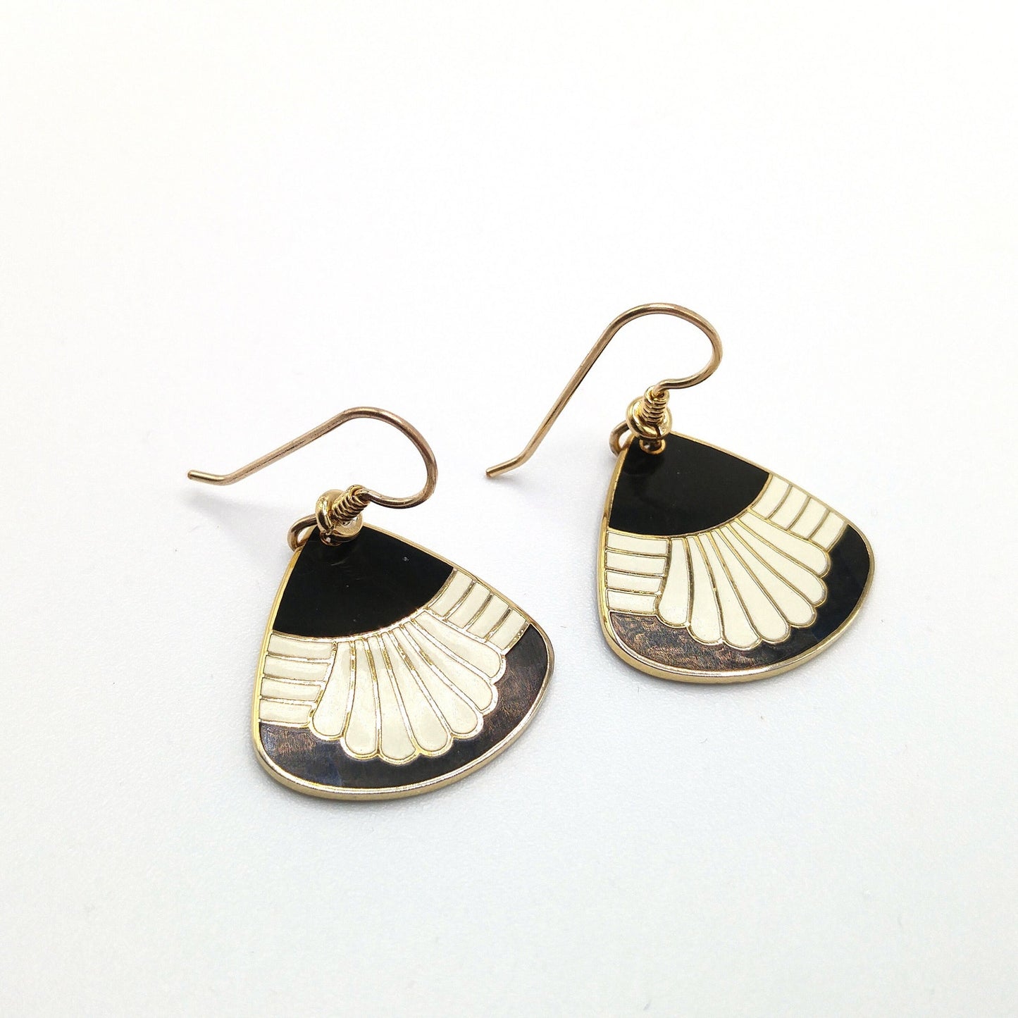 Vintage Laurel Burch "Waterfall" Drop Earrings, Black White Enamel, Gold Plated