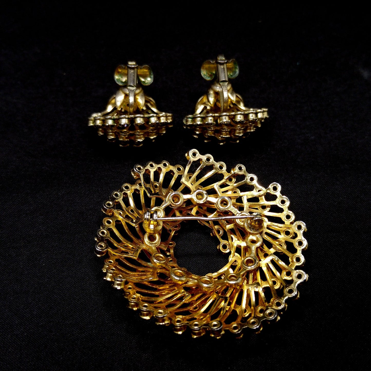 Vintage Hattie Carnegie Rhinestone Brooch & Earrings, Gold Plated, 1950s