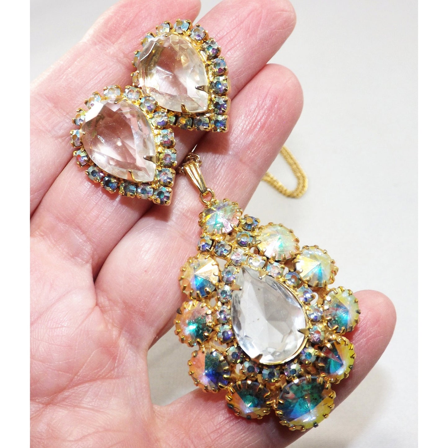 Vintage AB Pendant Necklace & Earrings, Rivoli Rhinestones, Gold Plated