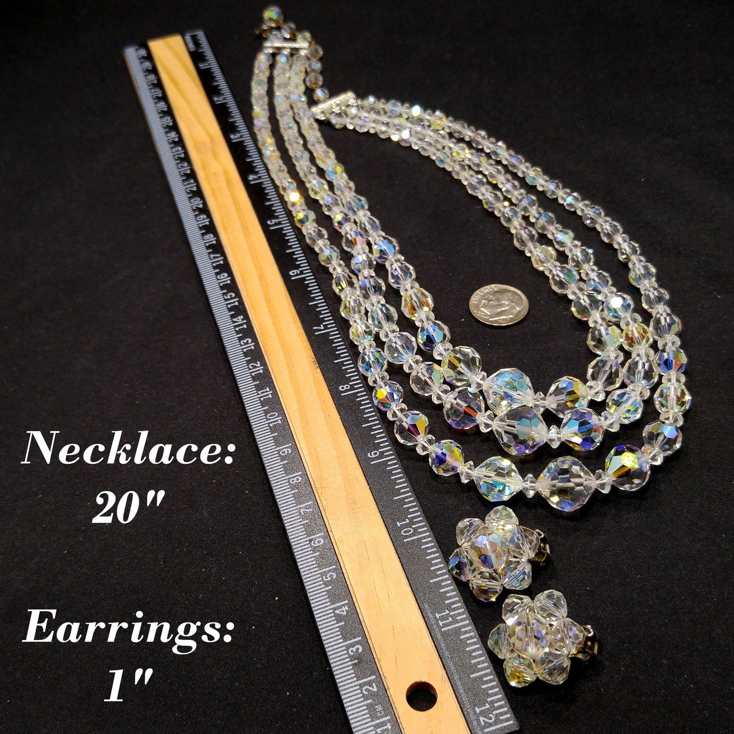 AB Crystal Beaded Necklace Earrings Set, Clear Aurora Borealis Beads, 1950s Vintage Jewelry