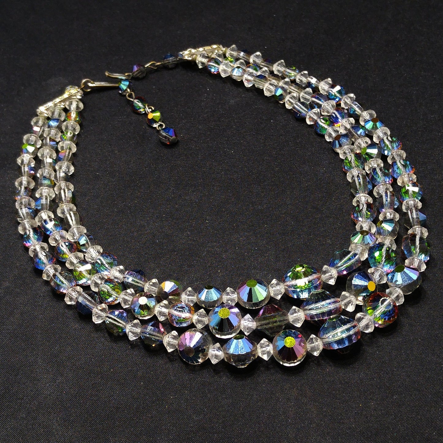Vitrail Aurora Borealis Crystal Bead Necklace, Three Strands, 1960s Vintage Jewelry