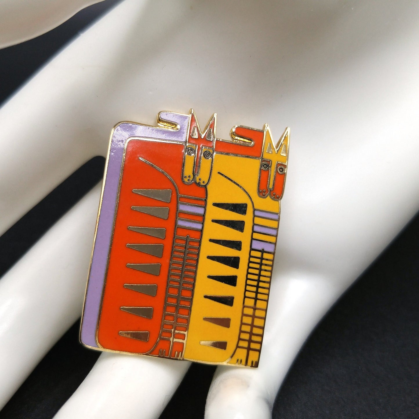 Laurel Burch "Egypticat" Brooch, Cloisonne Gold Plated, Yellow Orange Enamel Cats, 1980s Vintage Jewelry
