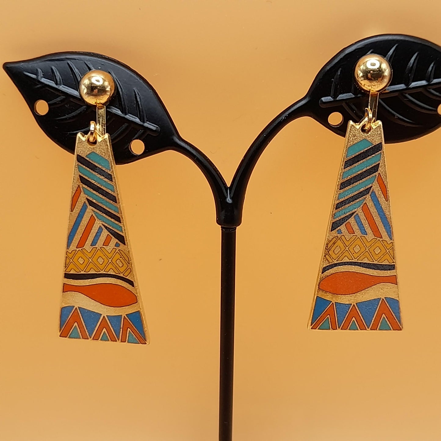 Laurel Burch "Java" Geometric Clip Earrings, Gold Plated Cloisonne Enamel, 1980s Vintage Jewelry