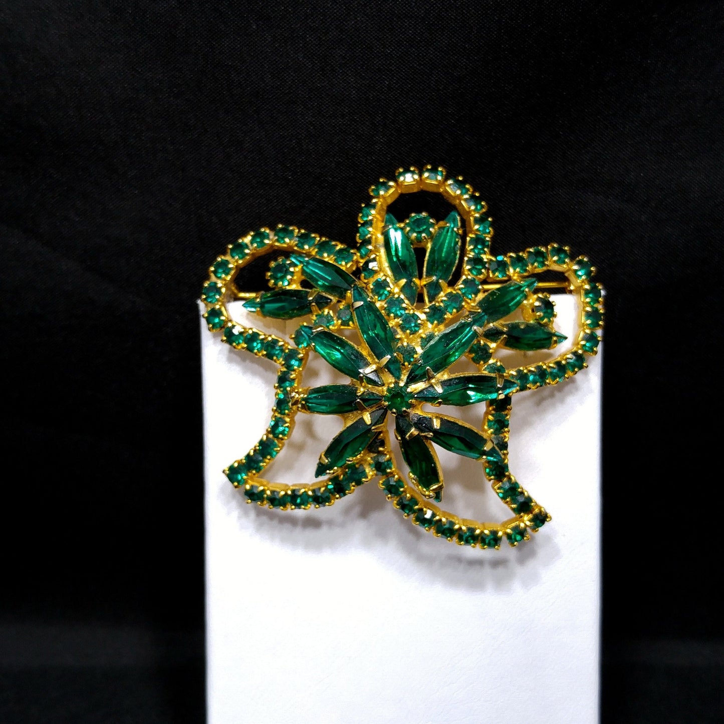 Green Rhinestone Floral Brooch, Gold Plated, 1960s Vintage Jewelry