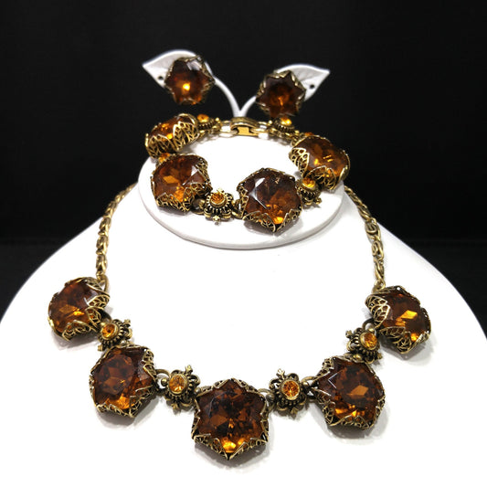 Vintage Topaz Glass Necklace Bracelet Earrings Set, Filigree Golden Brass, 1950s Vintage Jewelry