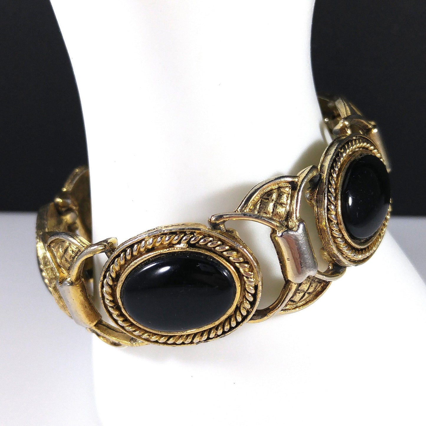 Mid-Century Black Glass Link Bracelet, Gold Plated, 1950s Vintage Jewelry