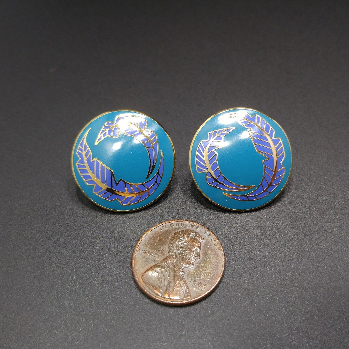 Vintage Laurel Burch "Palm Leaves" Teal Lavender Post Earrings, Gold Plated