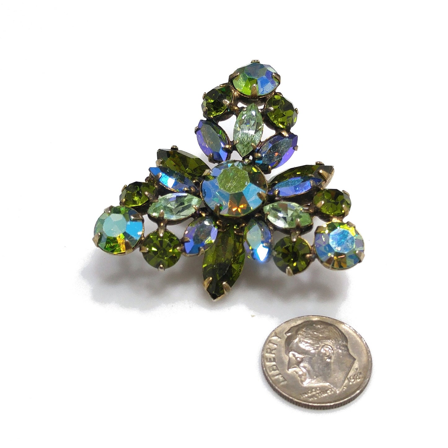 Vintage Regency Blue Green Triangular Brooch, Aurora Borealis, 1960s