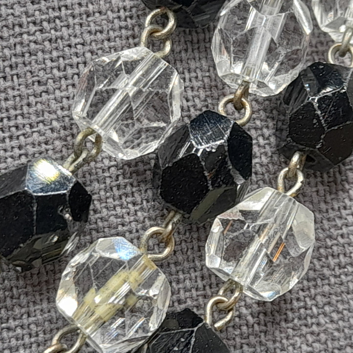 Vintage Art Deco Black and Clear Crystal Necklace – 1920s Wire Wrapped Flapper Beads – 53 Inches
