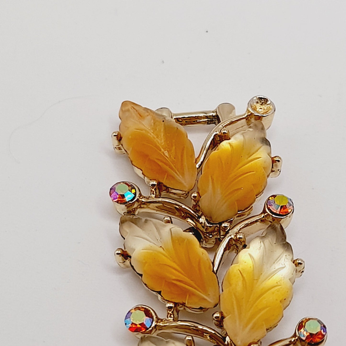 Vintage Kramer Golden Leaf Lucite AB Rhinestone Wide Bracelet