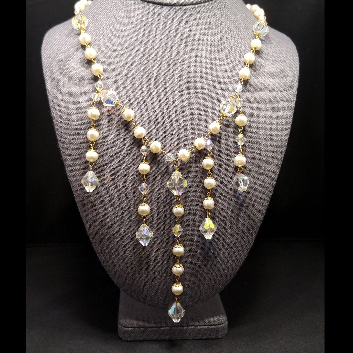 Vintage Crystal Faux Pearl Dangle Necklace, Large Aurora Borealis Crystal Beads, Vintage Jewelry
