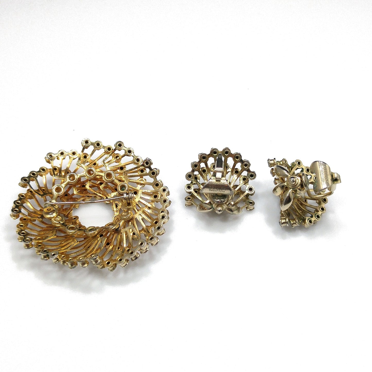 Vintage Hattie Carnegie Rhinestone Brooch & Earrings, Gold Plated, 1950s