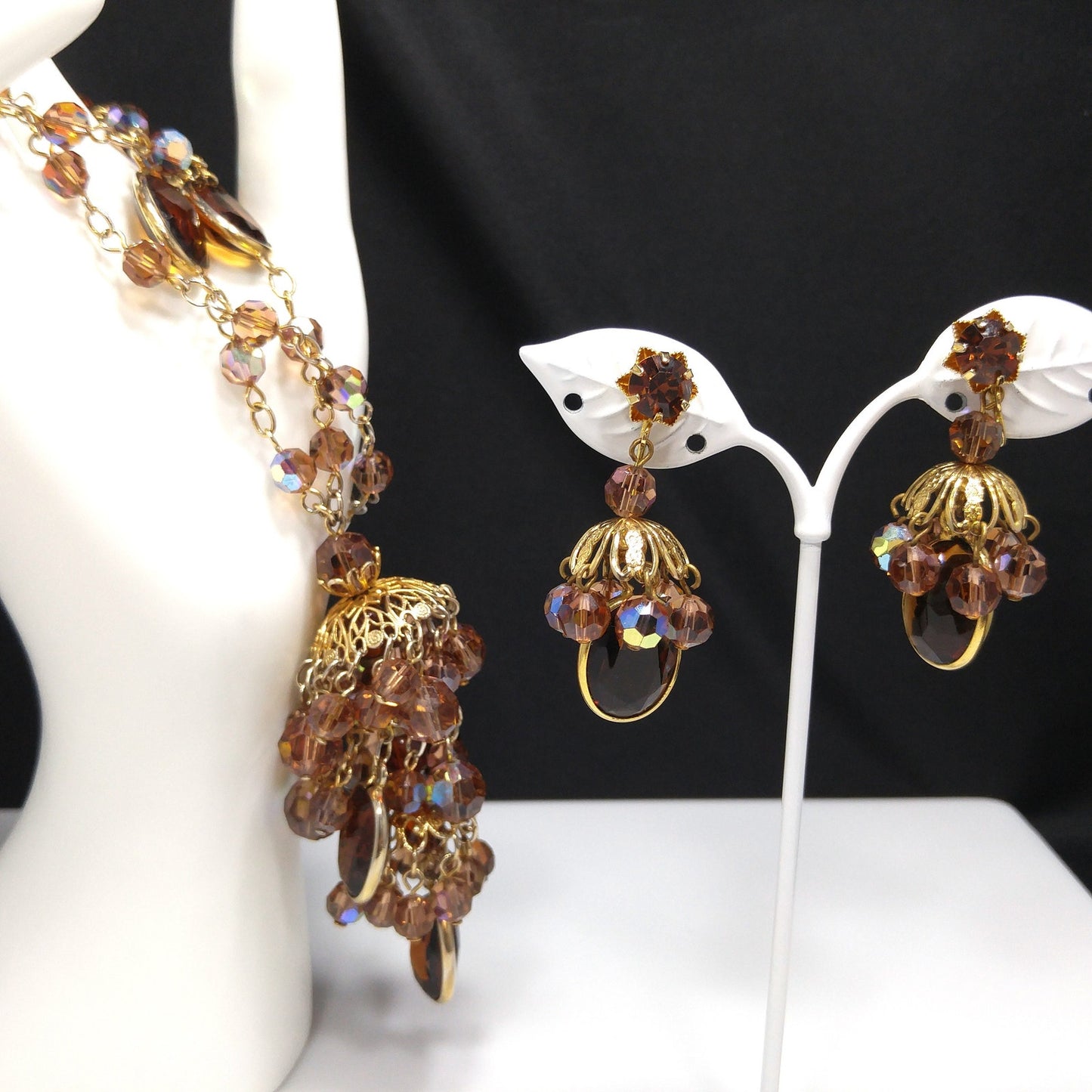 Filigree Chandelier Pendant Necklace & Earrings, Topaz Crystal Beads, 1970s Vintage Jewelry