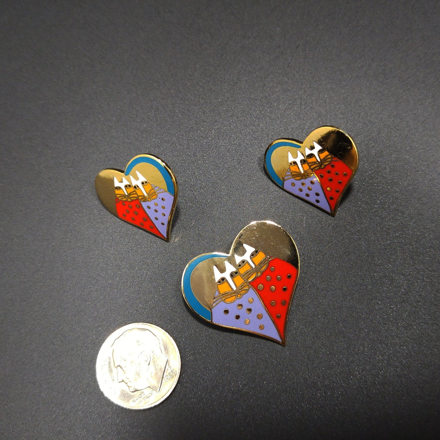 Laurel Burch "Valentine Cats" Brooch & Earrings, Gold Plated, Cloisonné Enamel, 1980s Vintage Jewelry