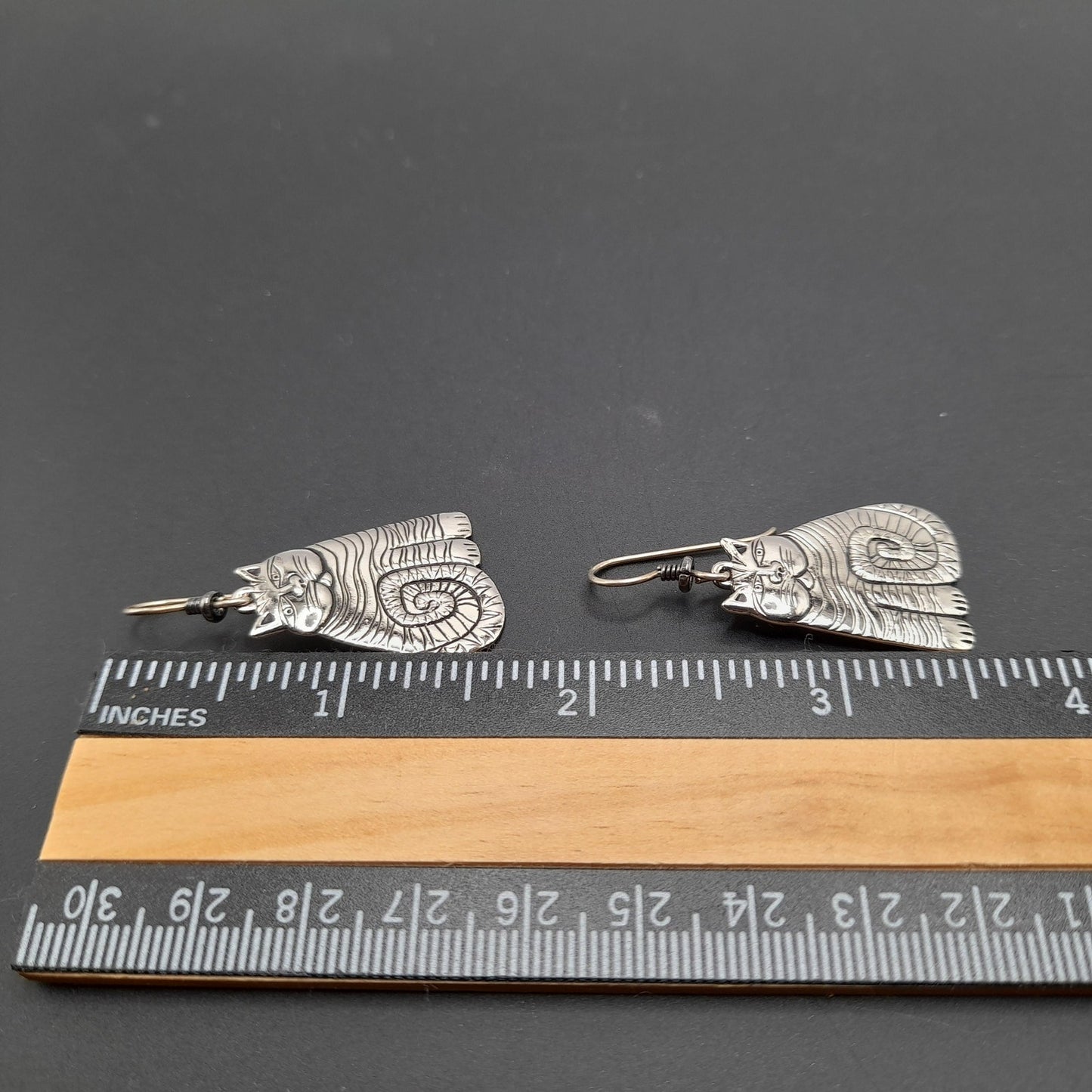 Laurel Burch Shambala Cat Earrings, Rhodium Plated, 1980s Vintage Jewelry