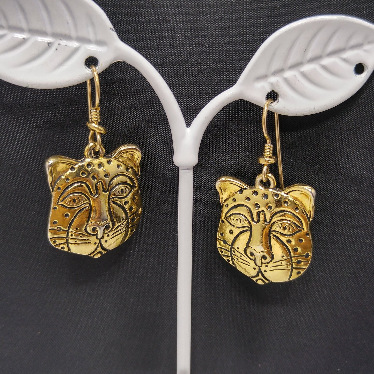 Laurel Burch Tiger Face Dangle Earrings, Gold Plated, 1980s Vintage Jewelry