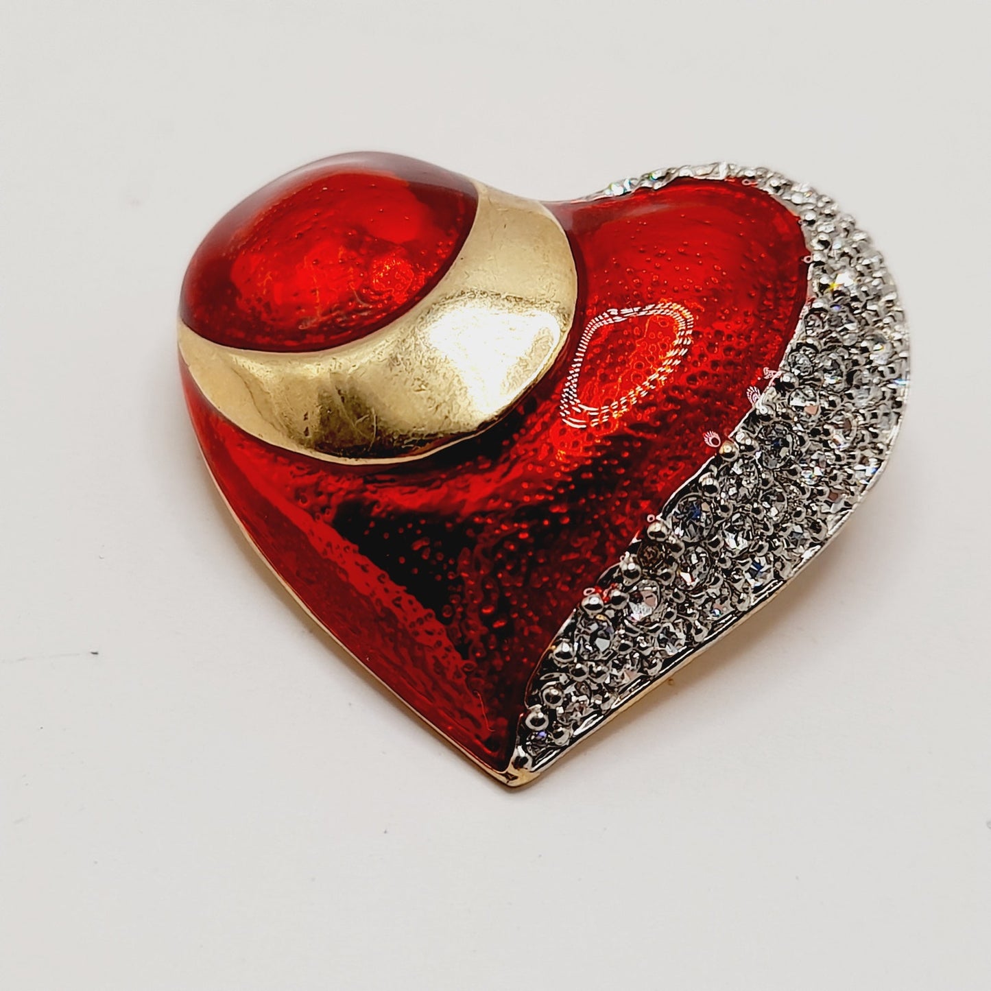 Vintage Red Enamel CZ Heart Brooch Christmas Pin 1.5 Inch European Style