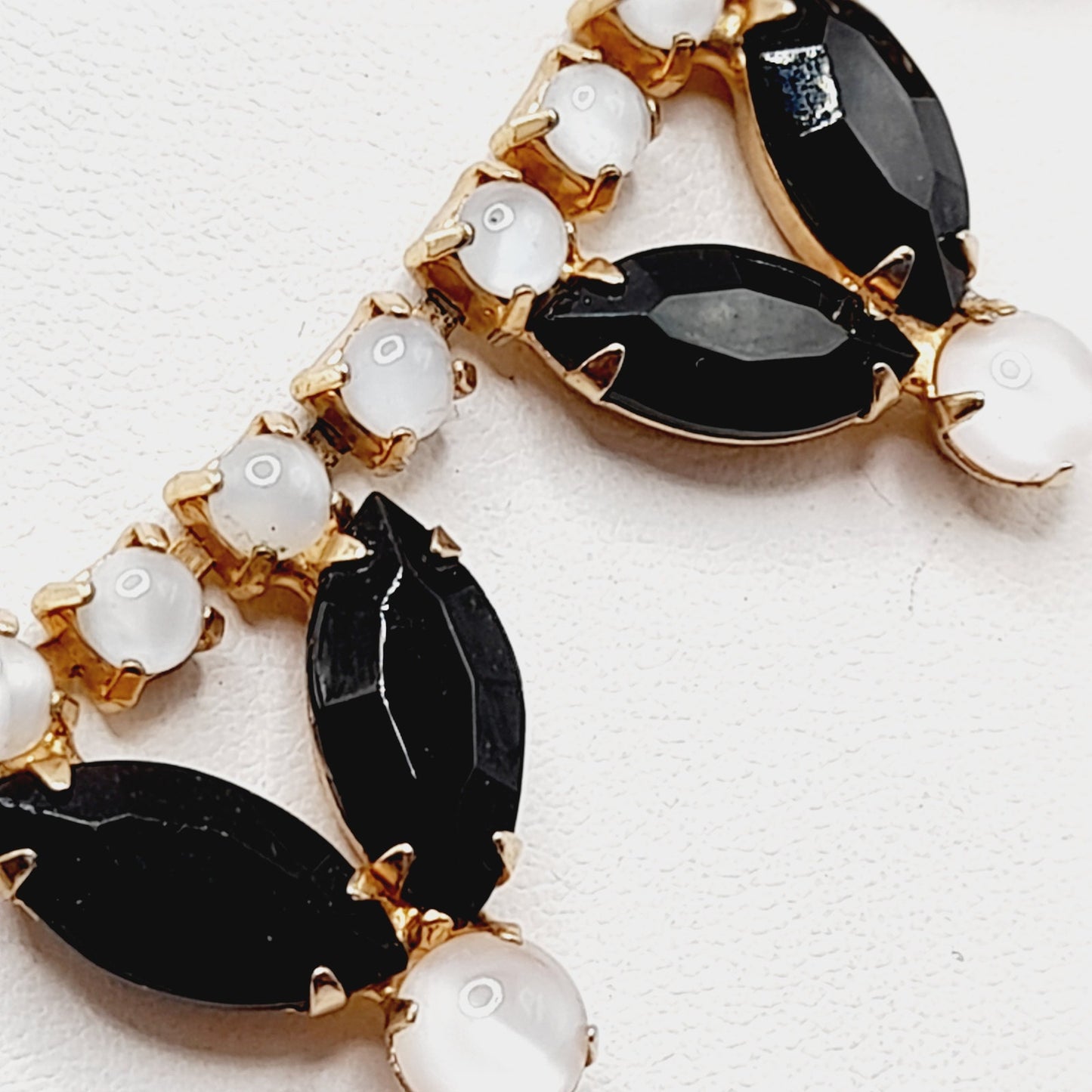 Vintage Black Rhinestones Milky White Cabs Gold Plated Choker Necklace, 1960s