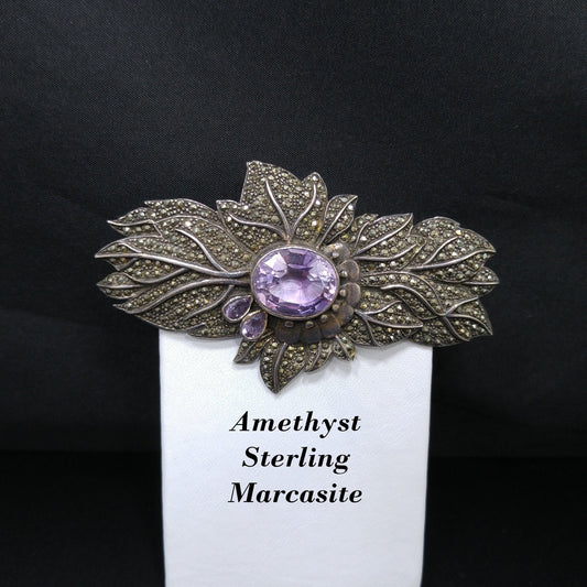Amethyst Sterling Silver Marcasite Brooch, Artisan Made, 1950s Vintage Jewelry