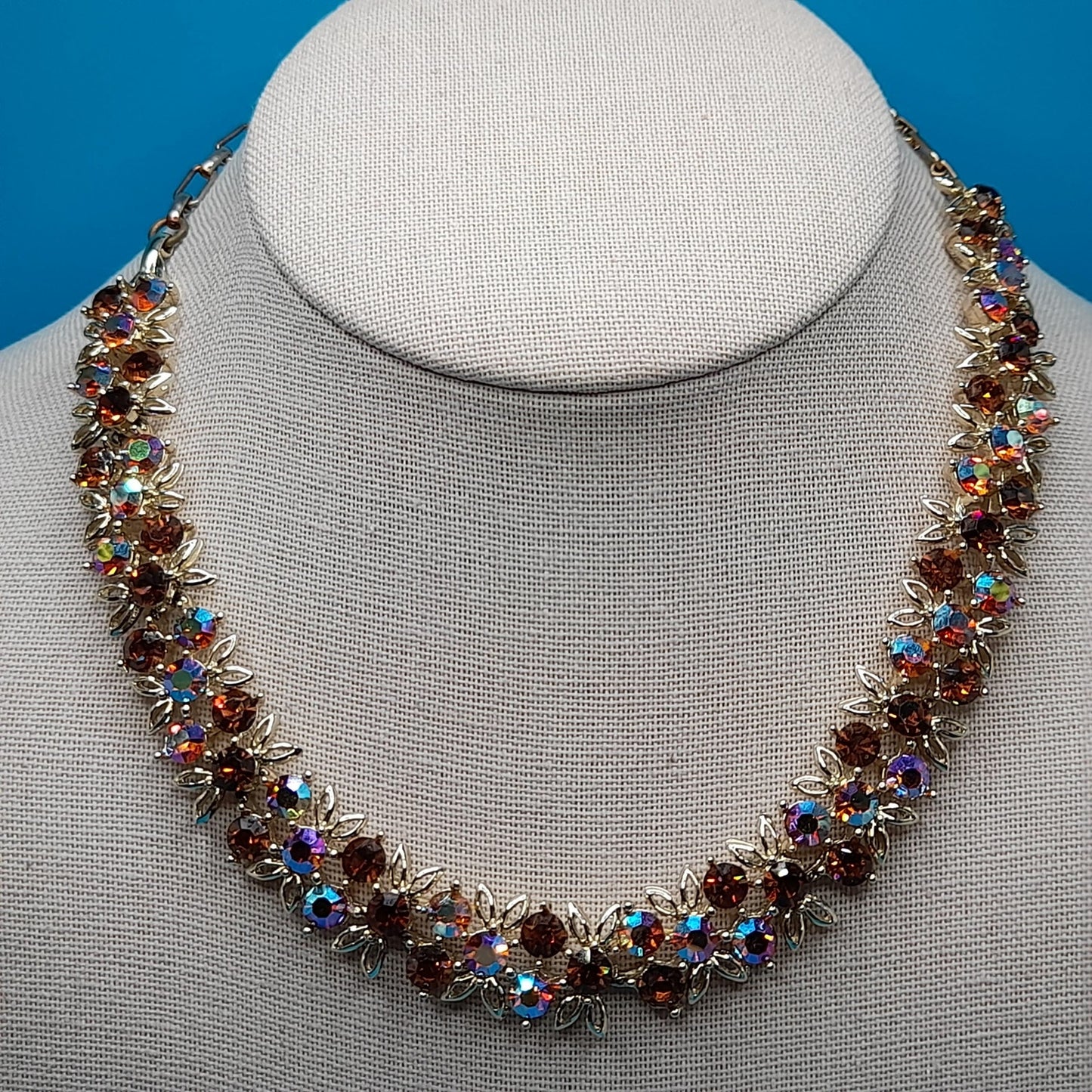 Vintage Topaz Aurora Borealis Choker Necklace, Gold Tone, 1960s, 16"