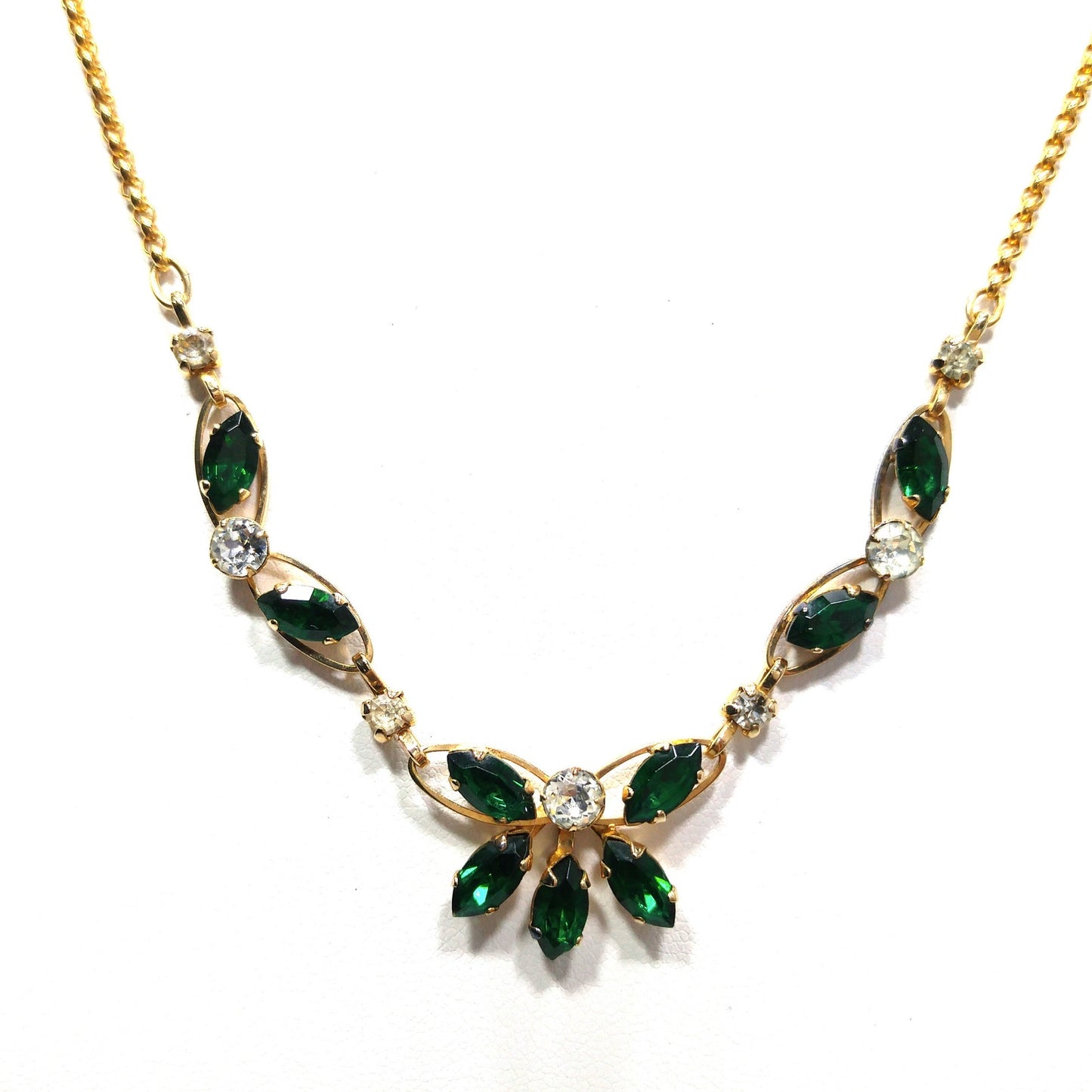 Van Dell Green Clear Rhinestone Necklace Earrings Set, 12K Gold Filled, 1940s Vintage Jewelry