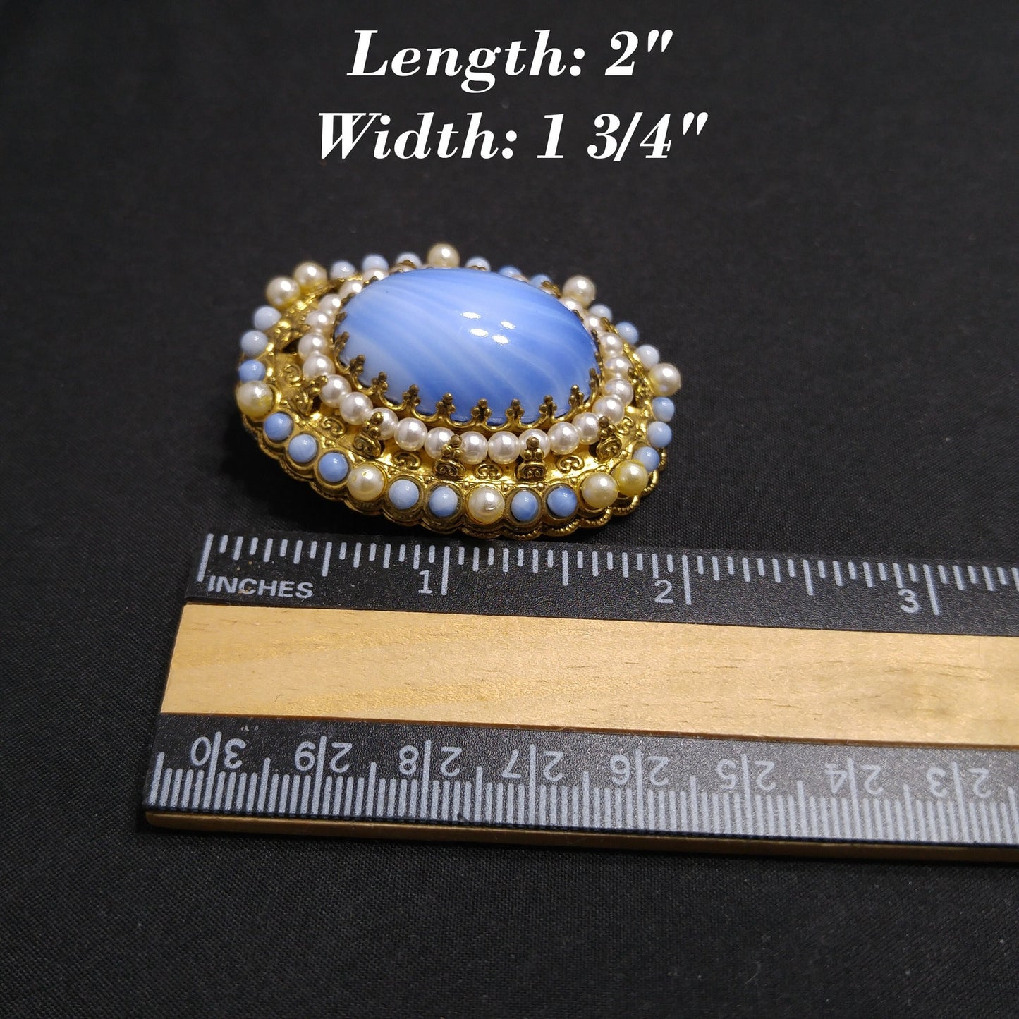 West Germany Blue Glass Filigree Brooch, Faux Pearls, 1950s Vintage Jewelry
