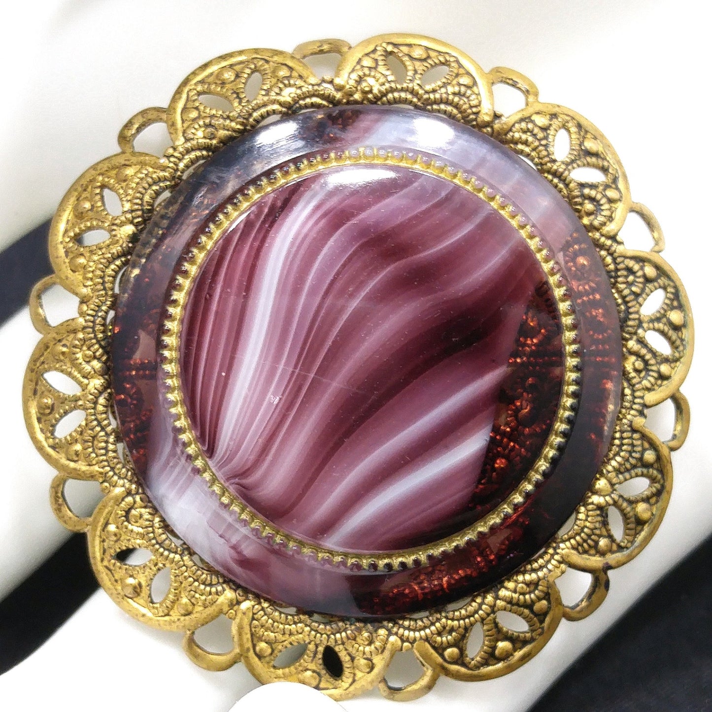 Western Germany Purple Art Glass Brooch, Filigree Frame, 1950s Vintage Jewelry