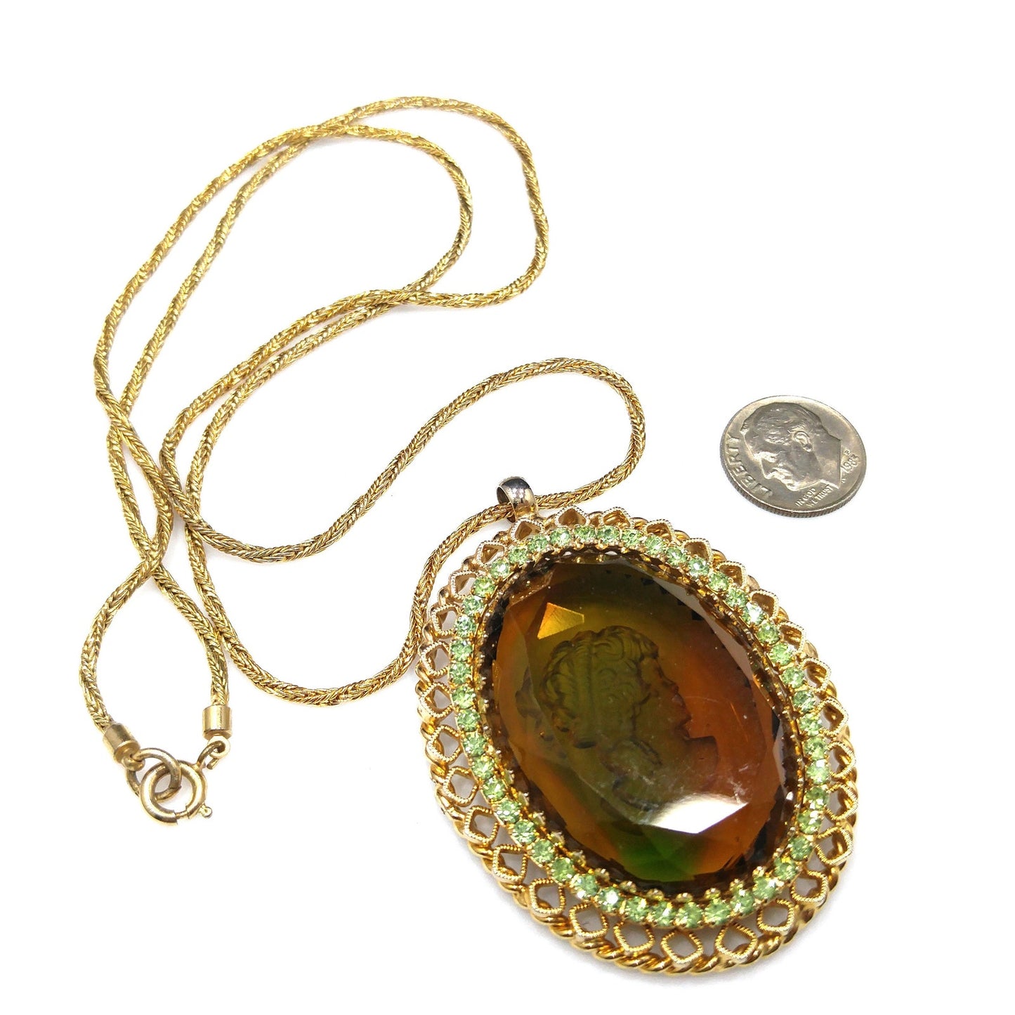 Warner Cameo Intaglio Pendant Necklace, Peridot Rhinestones, 5 Uranium Glass, 1960s Vintage Jewelry