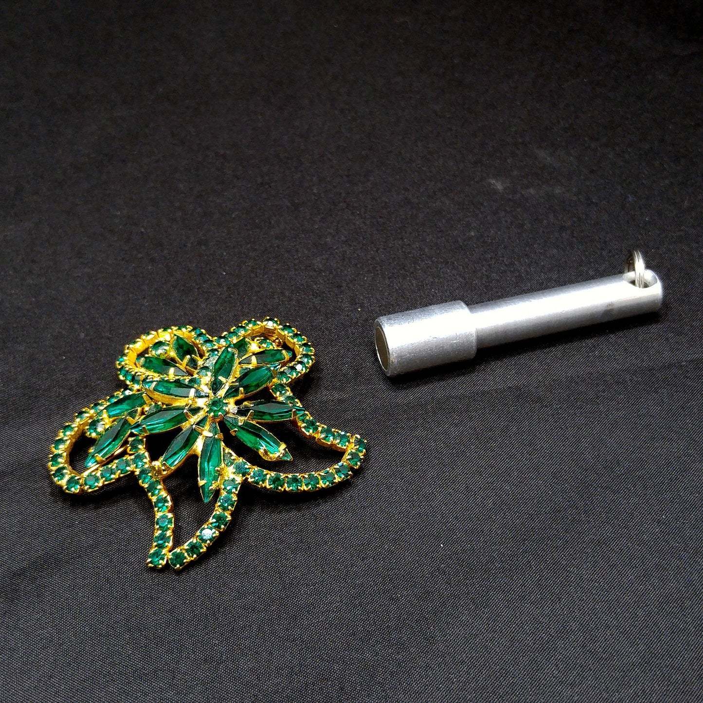 Green Rhinestone Floral Brooch, Gold Plated, 1960s Vintage Jewelry