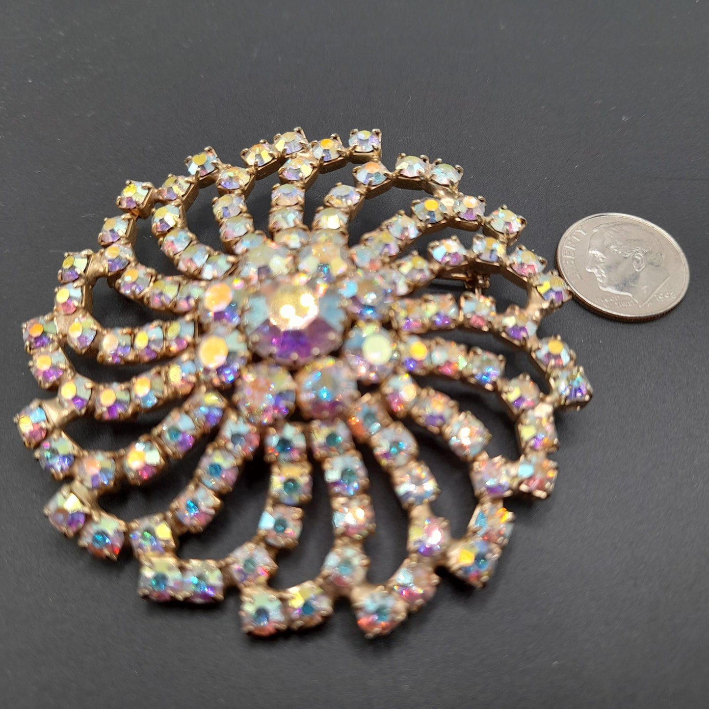 Mid-Century Aurora Borealis Rhinestone Brooch, Gold Plated, 1960s Vintage Jewelry