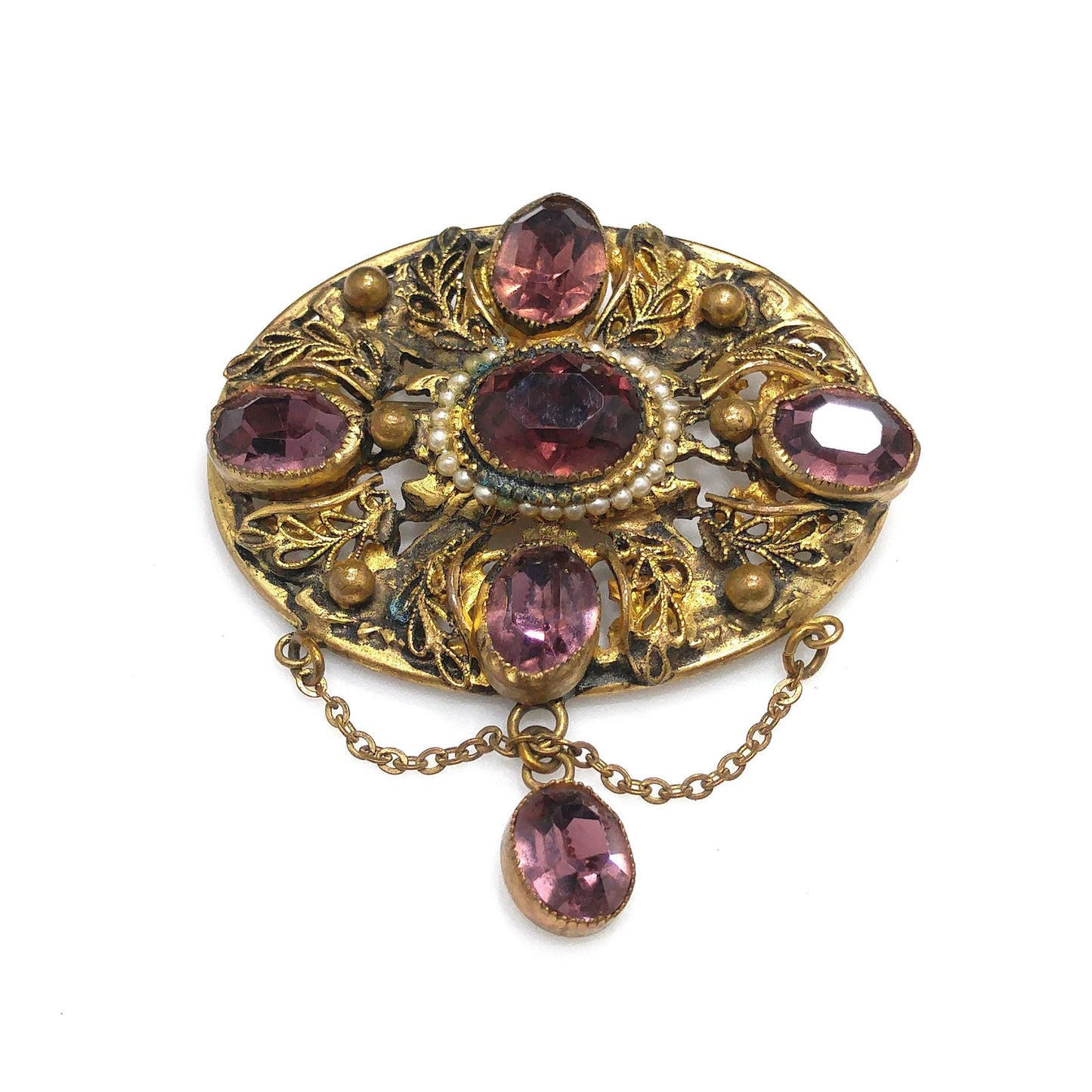 Art Nouveau Purple Czech Brooch, Purple Oval Dangle Rhinestone, 1930s Vintage Jewelry
