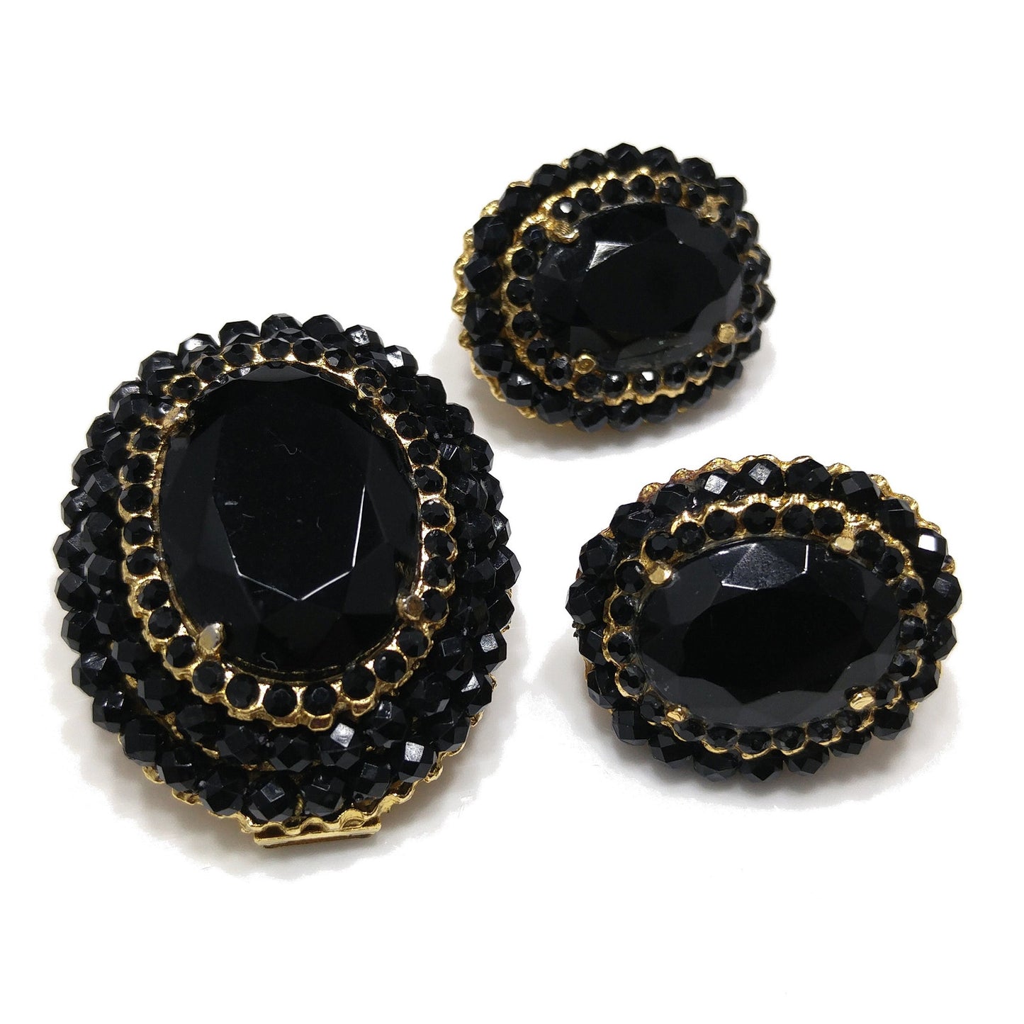 Vendome Black Crystal Brooch & Clip Earrings Set, Gold Plated Vintage Jewelry, Convertible Pendant