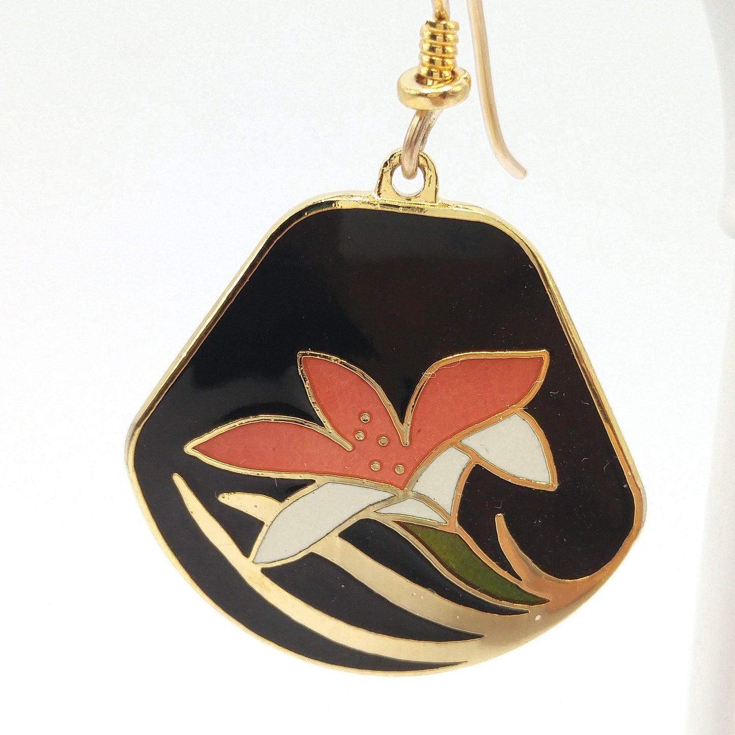 Vintage Laurel Burch Orange Lily Earrings, Cloisonne Enamel, Gold Plated, 1980s