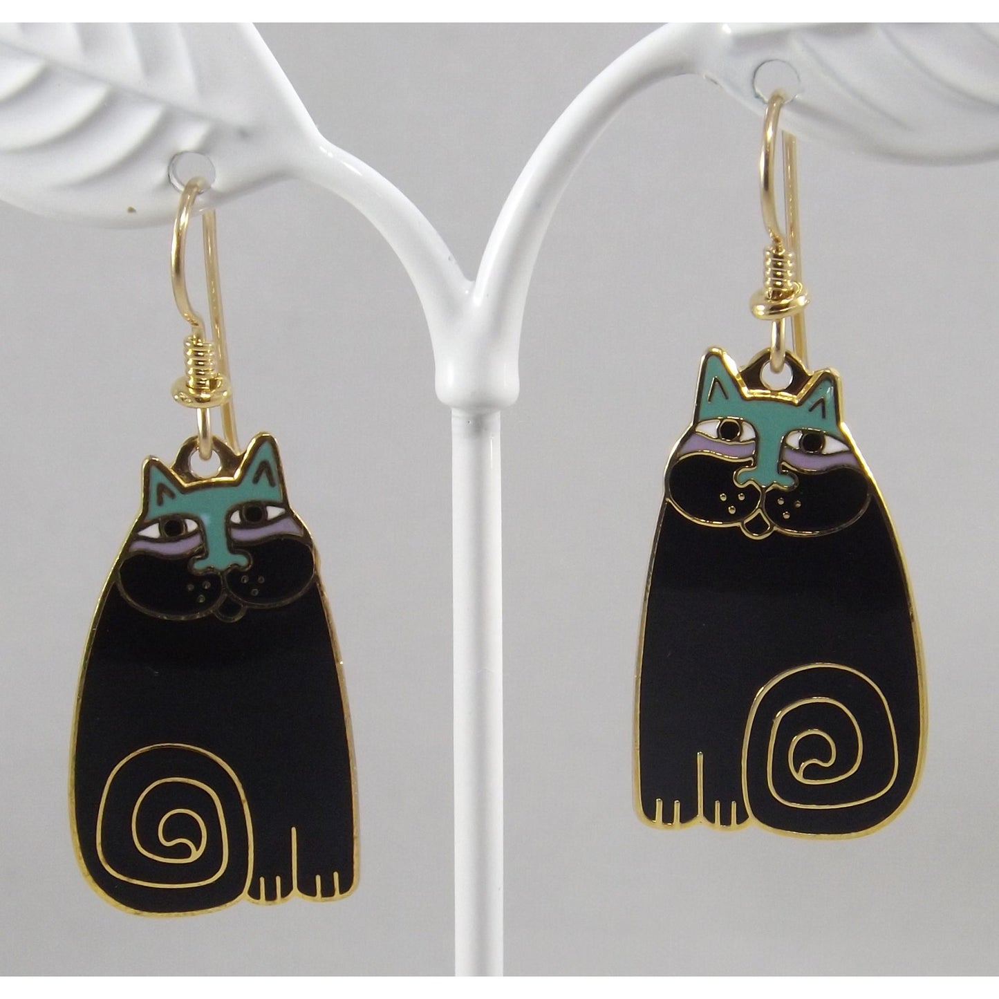 Laurel Burch "Olivia" Cat Earrings, Gold Plated, Black Enamel, 1980s Vintage