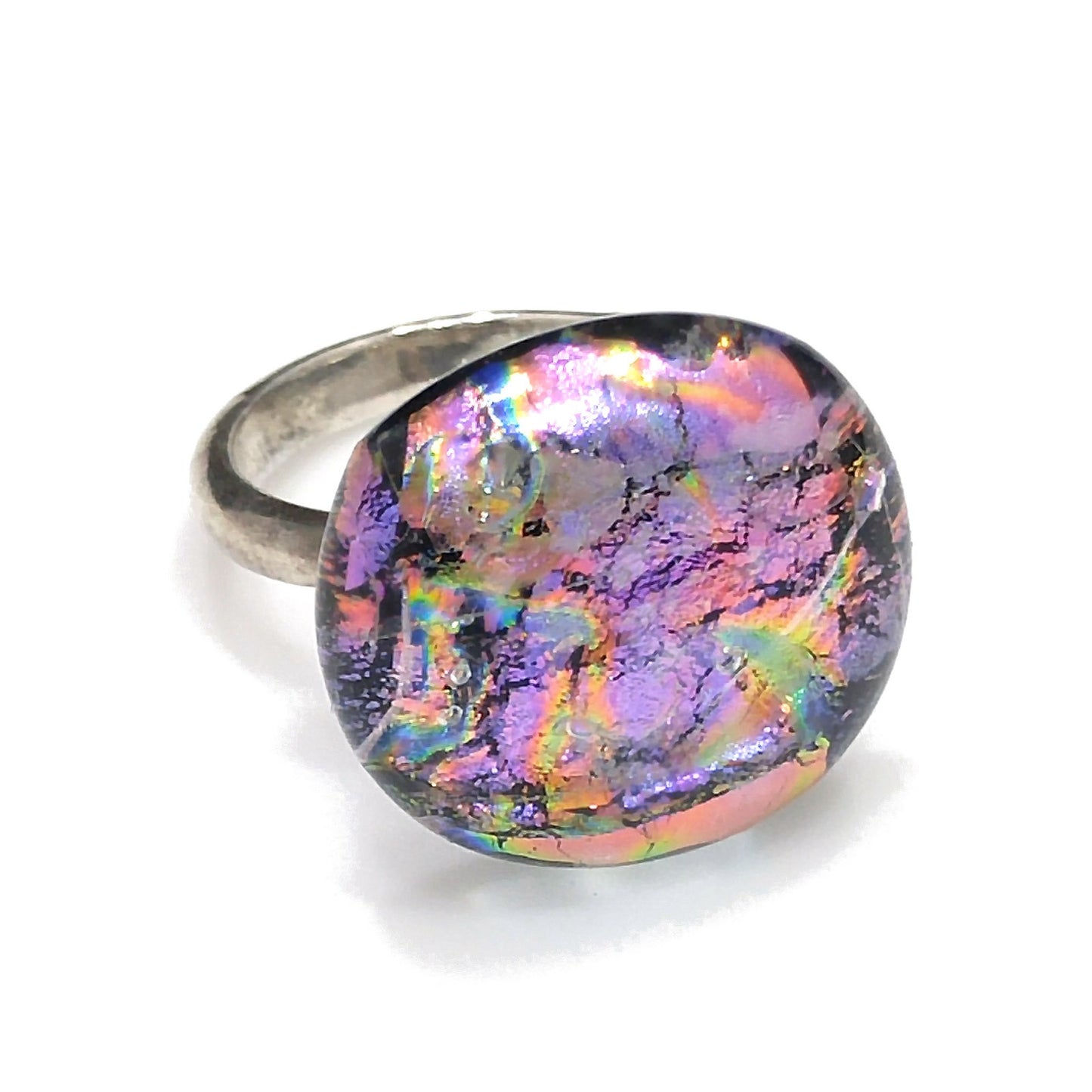 Sterling Silver Dichroic Glass Ring – Adjustable Size 8 – 1960s Vintage Jewelry