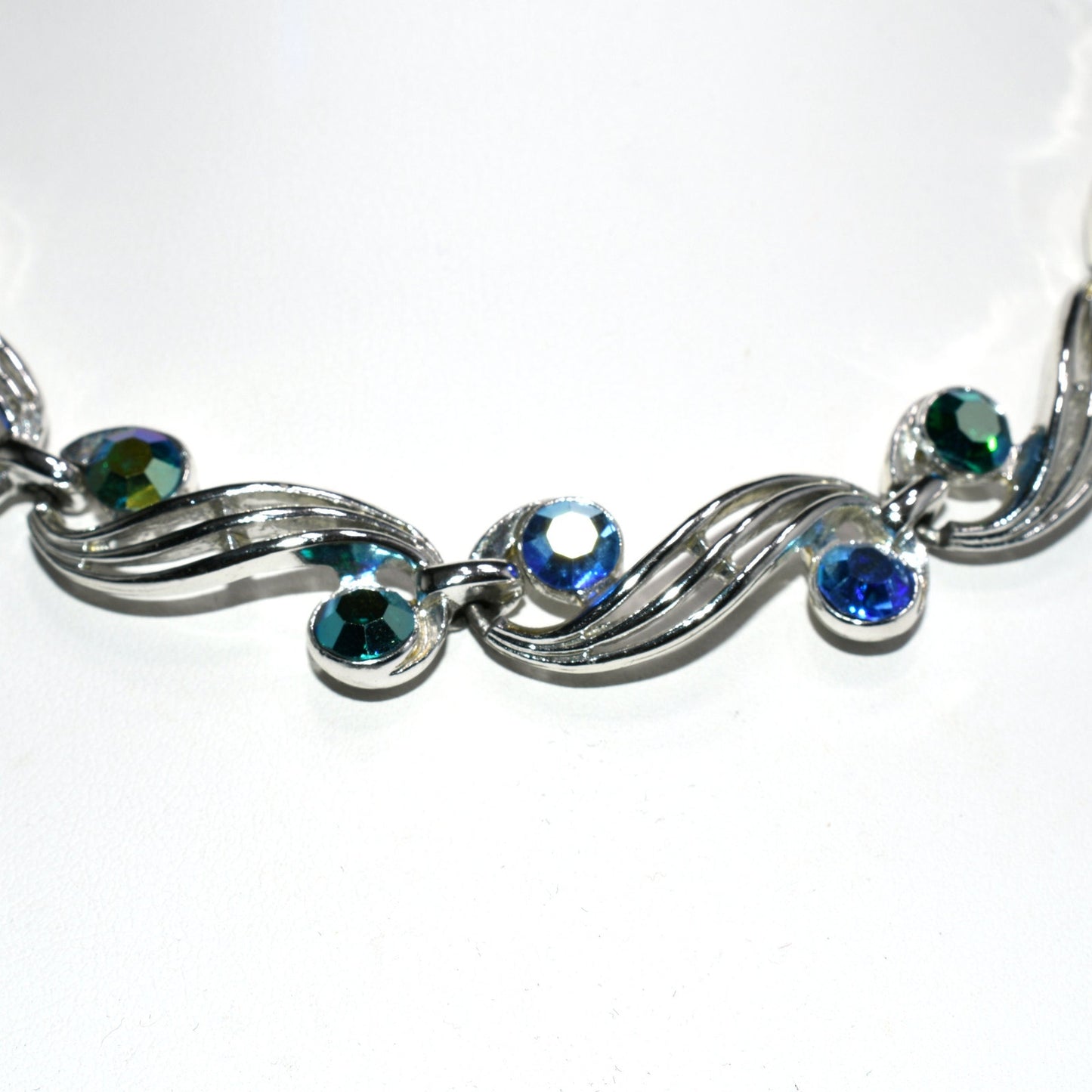 Blue Aurora Borealis Rhinestone Choker Necklace Earrings, Rhodium Plated, 1950s Vintage Jewelry