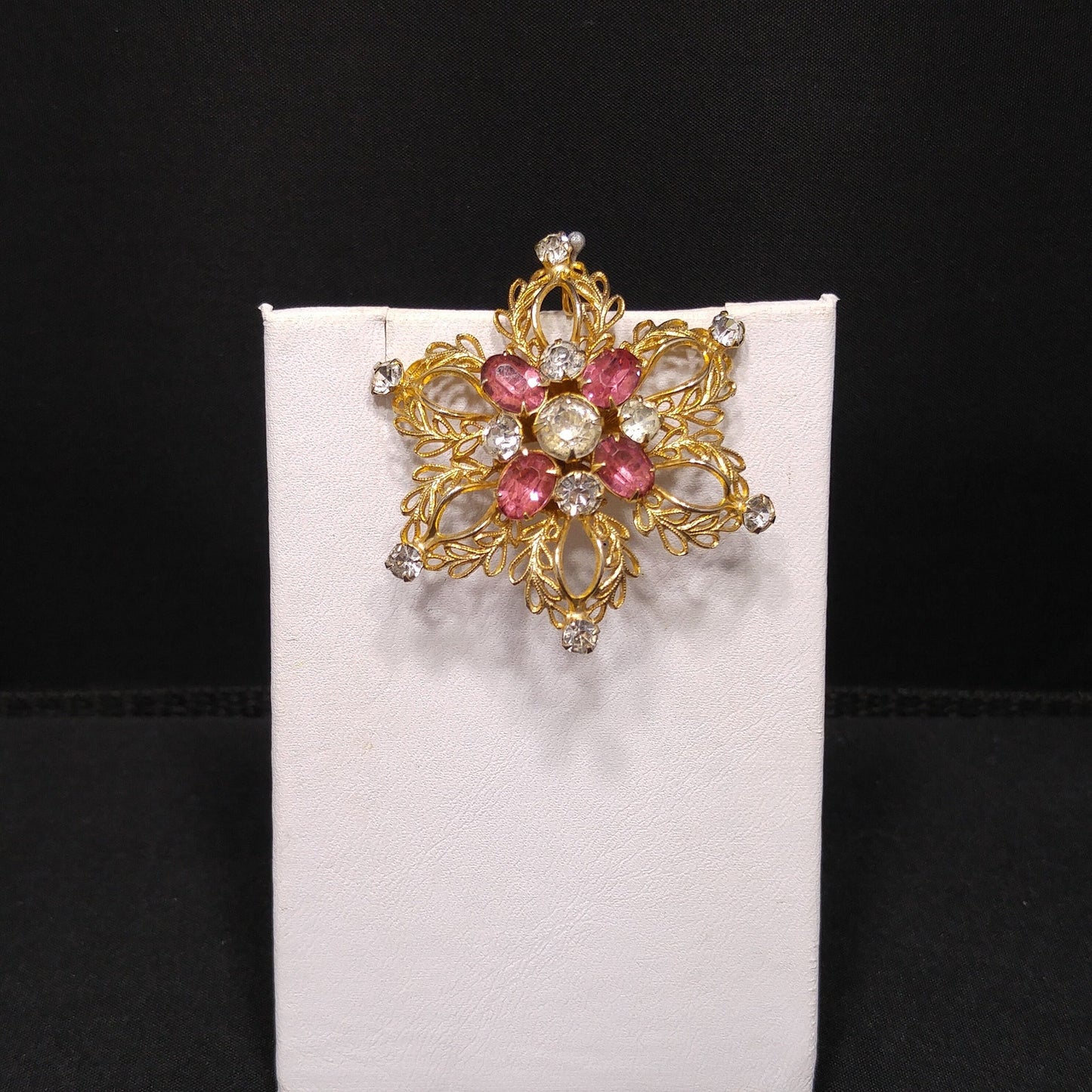 Scitarelli Mid-century Pink Clear Rhinestone Floral Brooch Pendant, 1950s Vintage Jewelry