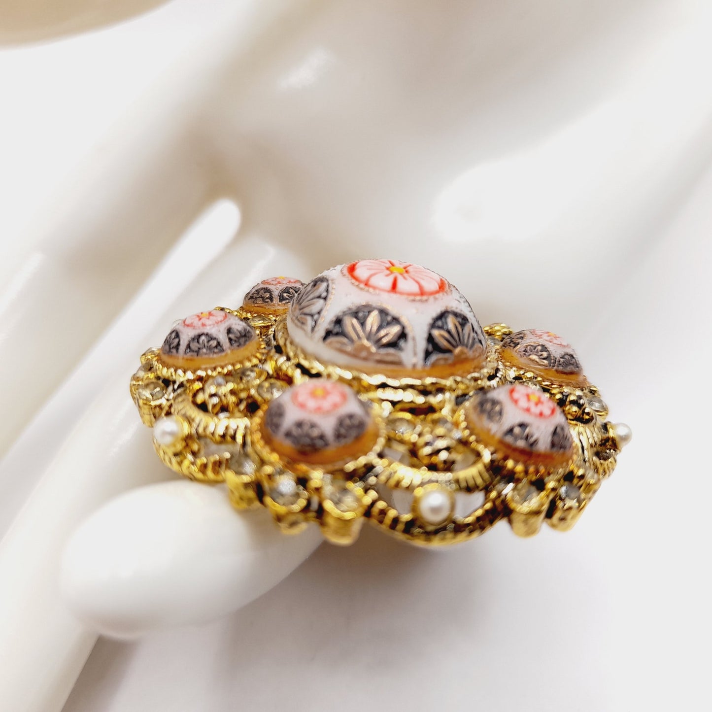 Vintage Micro Mosaic Floral Brooch, Gold Tone Filigree, 1 3/4 Inches