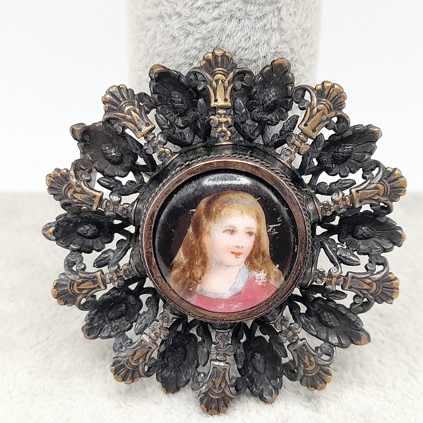Antique Edwardian Portrait Brooch, C Clasp, Brass Filigree, Early 1900s