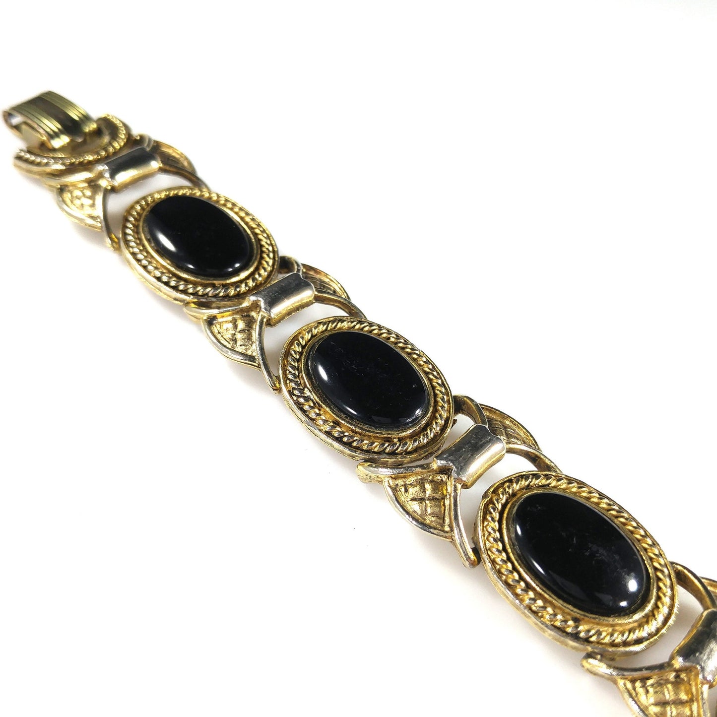 Mid-Century Black Glass Link Bracelet, Gold Plated, 1950s Vintage Jewelry