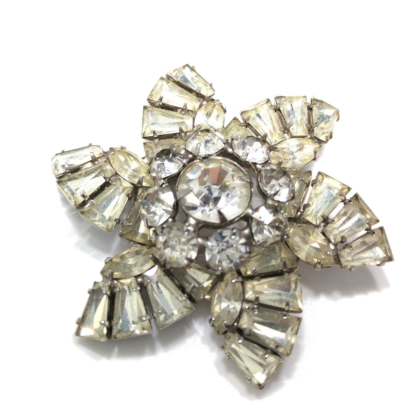 Mid Century Pinwheel Brooch, Clear Rhinestones, Rhodium Plated, 1950s Vintage Jewelry