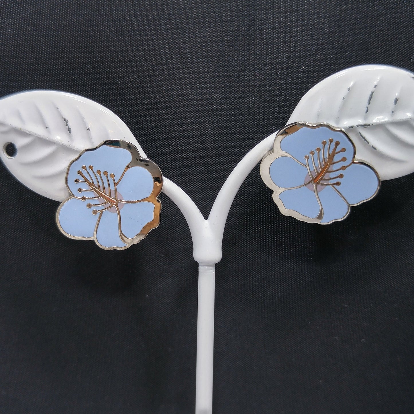 Vintage Laurel Burch "Hibiscus" Blue Post Earrings, Rhodium Plated Silver Tone