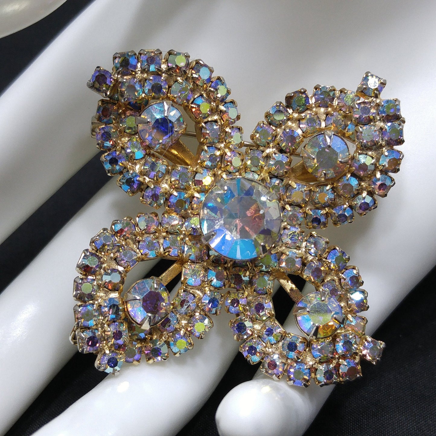 Aurora Borealis Flower Brooch, Gold Plated, 1960s Vintage Jewelry