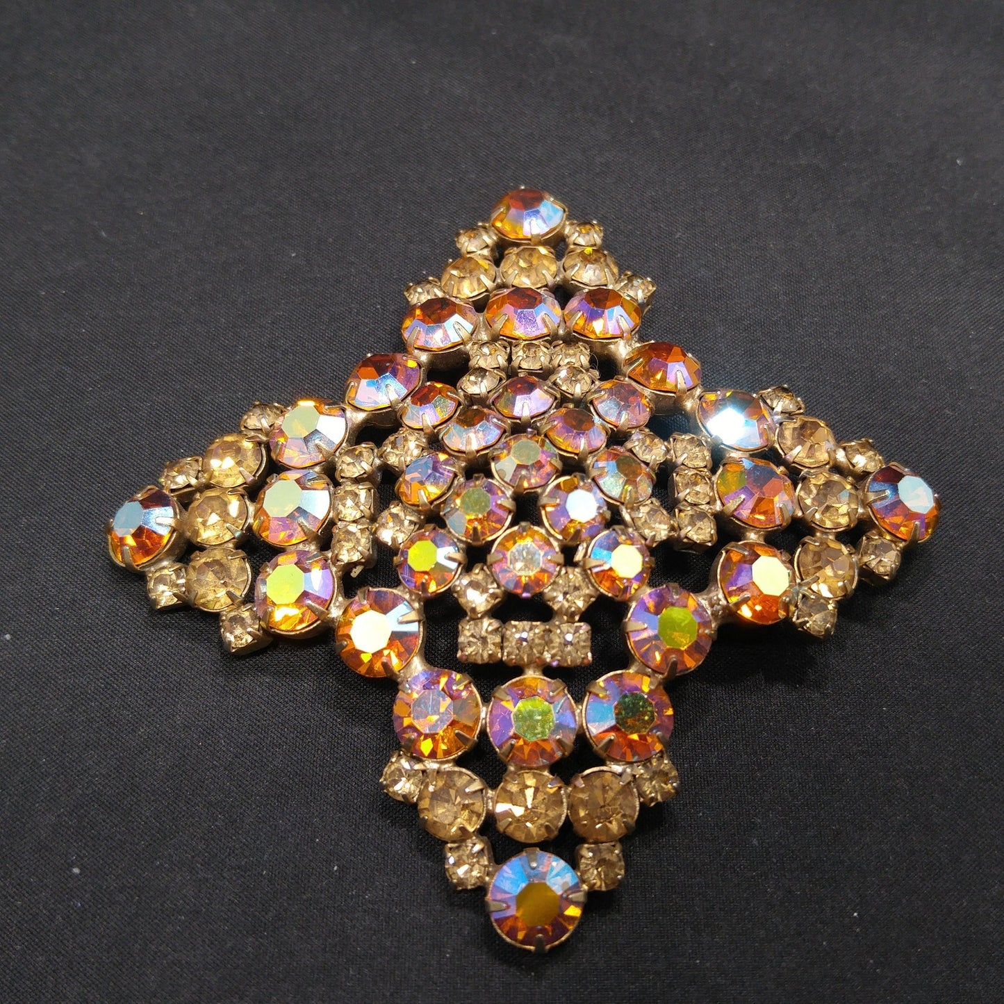 Topaz Glass Rhinestone Large Brooch, Aurora Borealis, 1960s Vintage Jewelry
