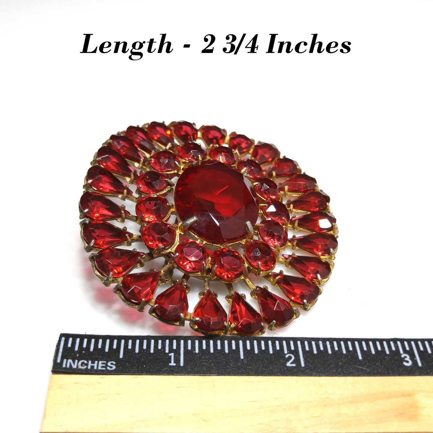 Large Red Rhinestone Sash Pin Brooch, Faceted Red Glass Stone Center, 1940s Vintage Jewelry