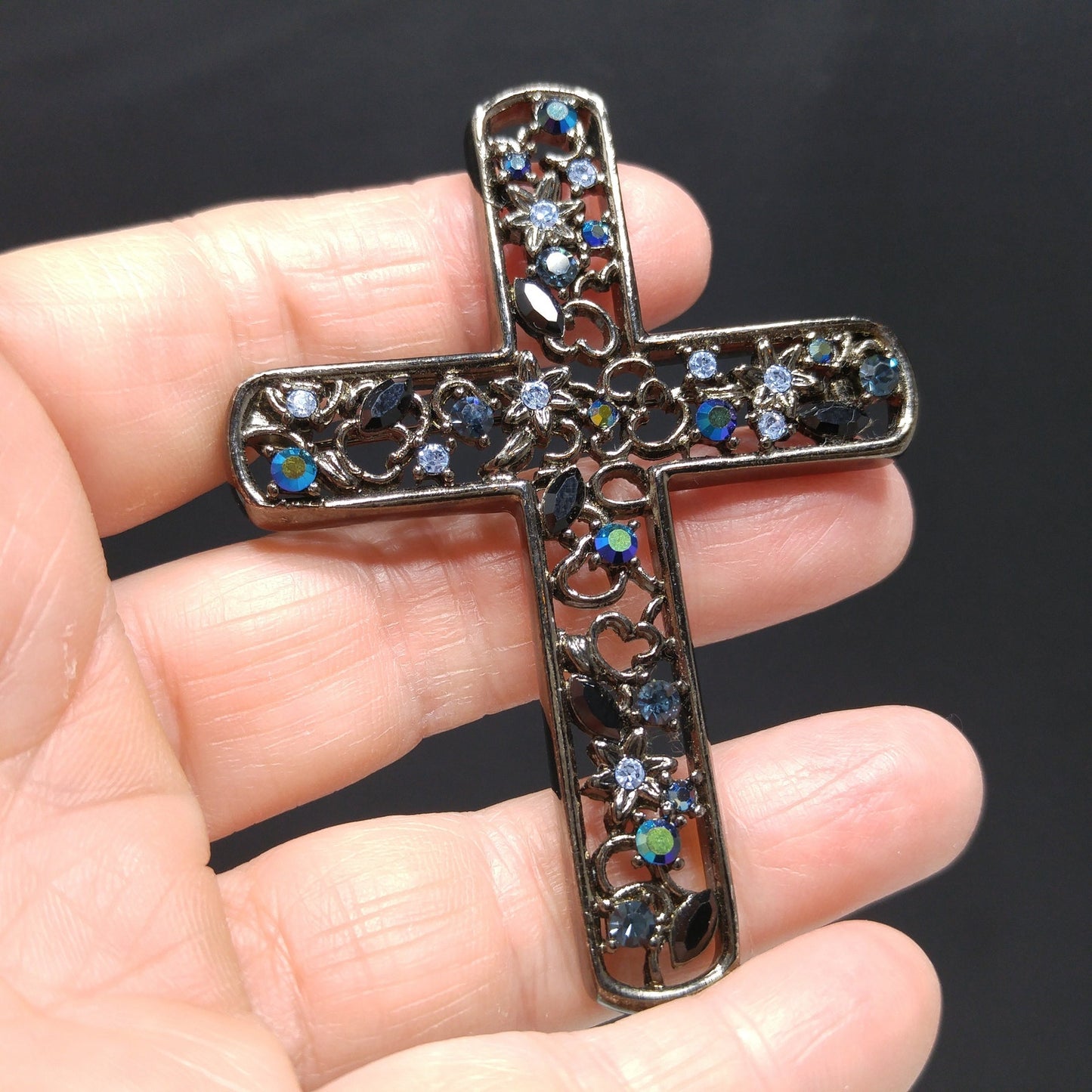 Givenchy Large Cross Brooch, Aurora Borealis Blue Rhinestones, 1990s Vintage Jewelry